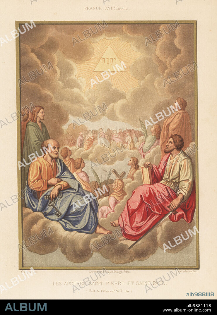 The apostles Saint Peter and Saint Paul seated on a cloud. Peter at left with keys, Paul at right with Bible and sword. Les apotres Saint Pierre et Saint Paul. From an illuminated manuscript Collectarium ad usum regalis ecclesiae sanctae Catherinae in cultura Parisiensis, 1687, TL MS 169, Bibliotheque de l'Arsenal. Chromolithograph by Franz Kellerhoven after an illustration by Claudius Joseph Ciappori from Charles Louandres Les Arts Somptuaires, The Sumptuary Arts, Hangard-Mauge, Paris, 1858.