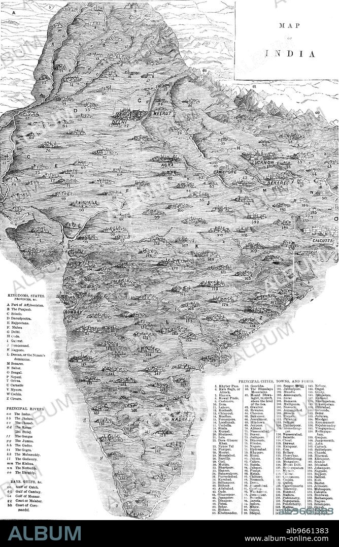 Map of India, 1857. Map of the Indian subcontinent during the British colonial period, showing 'Kingdoms, States, Provinces &c...Principal Rivers...Bays, Gulfs &c...Principal Cities, Towns, and Forts'. From "Illustrated London News", 1857.
