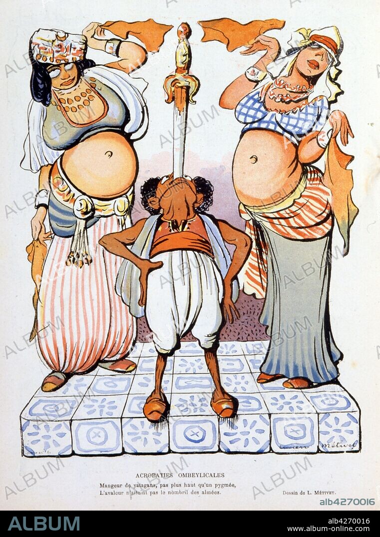 Caricature illustration depicting oriental (Arab) belly dancers with a sword swallower. 'Le Rire' magazine 1902.