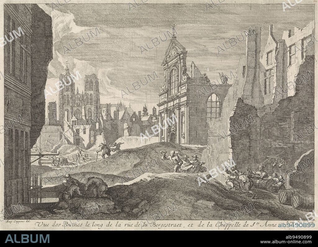 Representation of the ruins of the rue de la Montagne in Brussels after the bombardment by the French, 13-15 August 1695. Second print in the series of twelve, Ruins in the Rue de la Berg, Brussels, 1695 Vue des Ruines le long de la rue de la Bergestraet, et de la Chappelle de S.te Anne Perspectives des ruines de la ville de Bruxelles (series title), print maker: Richard van Orley (II), (mentioned on object), intermediary draughtsman: Augustin Coppens, (mentioned on object), Southern Netherlands, 1695, paper, etching, h 250 mm × w 385 mm.