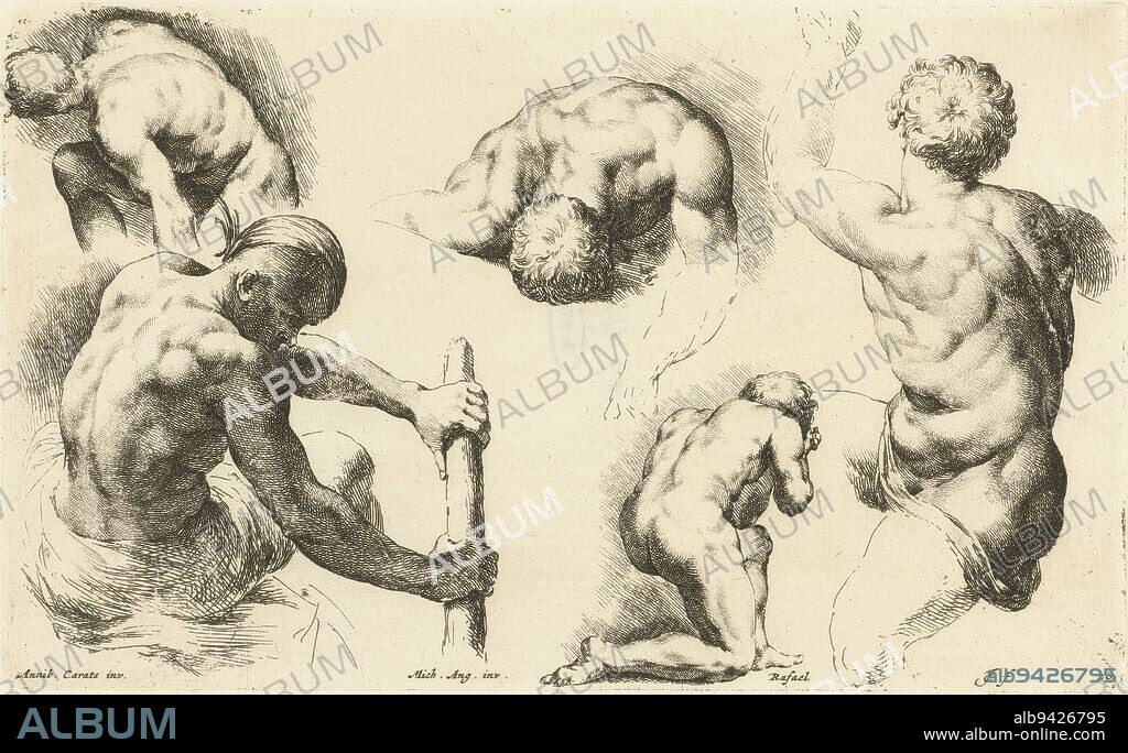 Studies of five naked men in various poses Top left a crouching man seen on his back a, in the center a man bent over, only the shoulders and his head can be seen b Below left, a rowing slave seen from behind c, in center a kneeling man holding his hands in front of his face d and on right a man in a twisted position with his arm raised d, Five nude men in different poses Paradigmata graphices variorum artificum , print maker: Jan de Bisschop, (mentioned on object), after: Rafaël, (mentioned on object), after: Angelo Bronzino, (possibly), Northern Netherlands, 1668 - 1671, paper, etching, h 145 mm × w 233 mm.