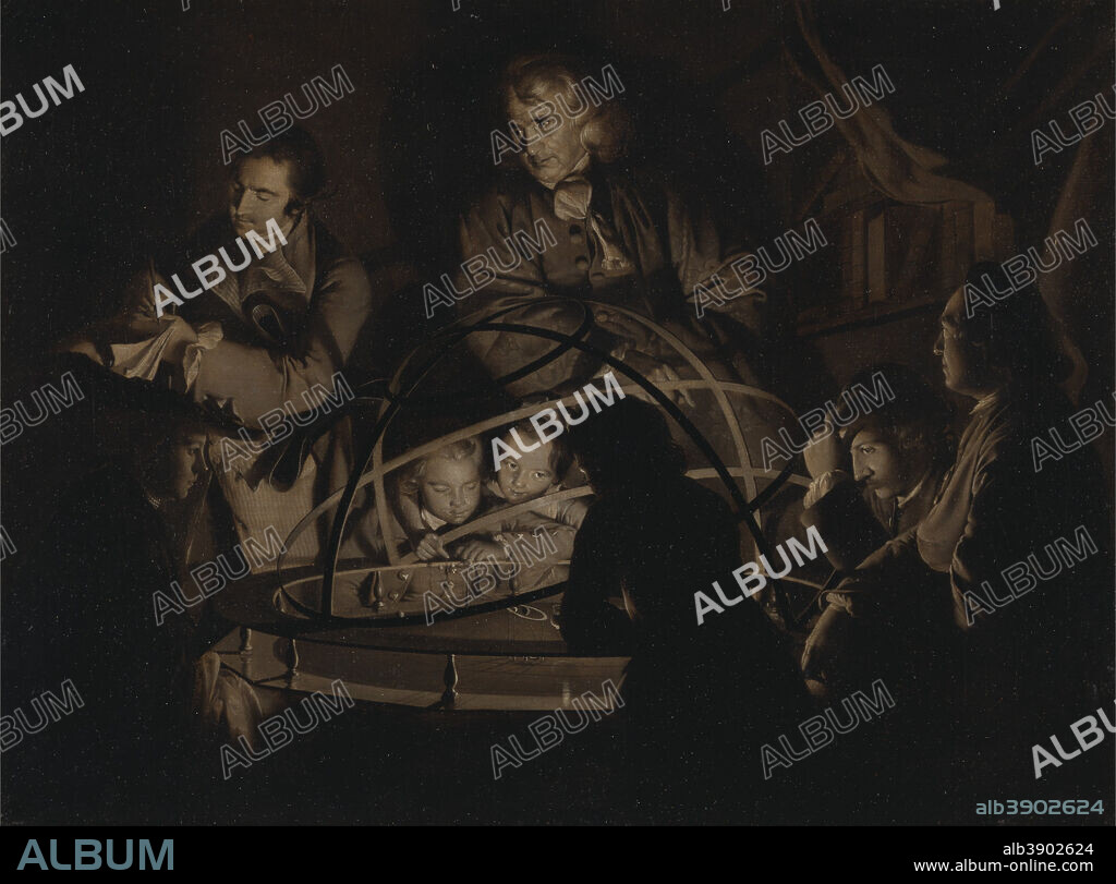 JOSEPH WRIGHT OF DERBY. Philosopher giving a lecture on the orrery. Date/Period: Ca. 1768. Painting. Oil on canvas. Height: 448 mm (17.63 in); Width: 597 mm (23.50 in).