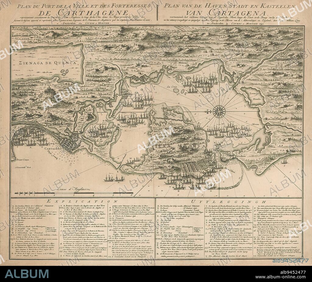 Map of the surroundings of Cartagena with the battle of Cartagena, 1741, Plan du port, de la ville, et des forteresses de Carthagène (...) / Plan du port, de la ville, et des forteresses de Carthagène (...) (title on object), print maker: anonymous, after design by: William Laws, (mentioned on object), publisher: Covens & Mortier, (mentioned on object), Amsterdam, 1741, paper, etching, engraving, height 510 mm × width 596 mm.