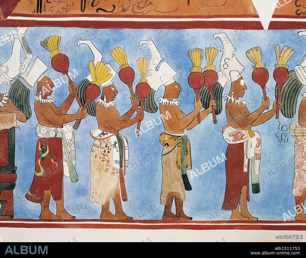 Maya Civilization, Mexico, 9th century A.D. - Fresco reproduction from Bonampak - Music scene (room 1). Detail.