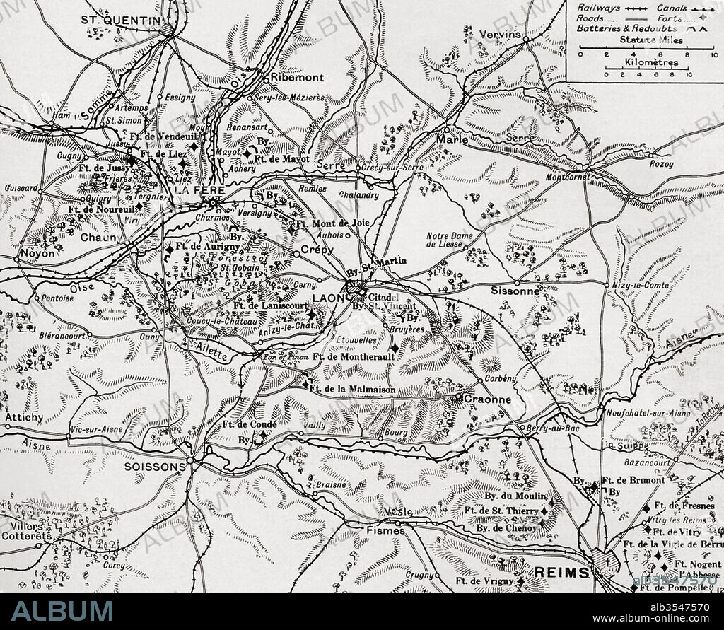 Map illustrating the region of the First Battle of the Aisne, fought along the Rivers Aisne, Oise and Somme, France during WWI. From The War Illustrated Album Deluxe, published 1915.