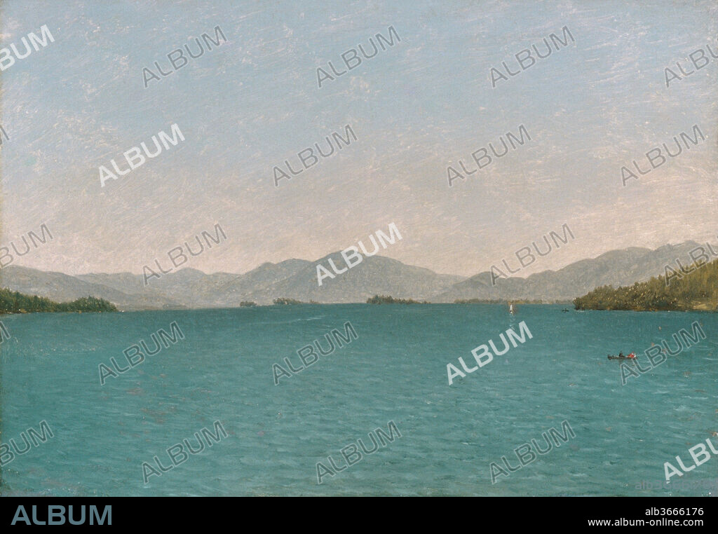 Lake George, Free Study. Artist: John Frederick Kensett (American, Cheshire, Connecticut 1816-1872 New York). Dimensions: 10 x 14 1/8 in. (25.4 x 35.9 cm). Date: 1872.
Kensett restricted his palette in this small study of Lake George, in upstate New York, to a limited range of contrasting colors. He applied the paint thinly, and his brushwork created a uniformly textured surface. The restrained composition is interrupted at the right by a minute white sail and two rowboats, one with a brilliant patch of red, which provide a sense of scale.