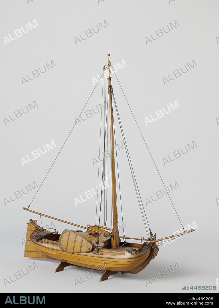Model of a Boyer, Testified truss model of a single-mast flat-bottomed boat, a boatman. The model has a deck and a cabin from which parts can be removed. The cabin is fully fired on the inside and has a top deck, the cockpit has benches in the sides, small backside. The bow is round and decorated with suns and curl motifs, the prow is copied. Round stern decorated with foliage and floral motifs, falling stern, wide triangular rudder with decorated rudder head and wooden tiller. The sheer runs up to both ends, a bar wood, swords. Three-part frames, different construction in the fore ship. Nudged skin above the waterline, smooth underneath. The rig consists of a smoothable mast with a curved top, a fork and long boom, a bowsprit, landing for the main bolt on the rear court., Rijkswerf Amsterdam, Amsterdam, c. 1817, wood (plant material), brass (alloy), rope, model: h 66 cm × l 64 cm × w 16.5 cm packaging capsule: h 73.5 cm × w 67 cm × d 22.5 cm.