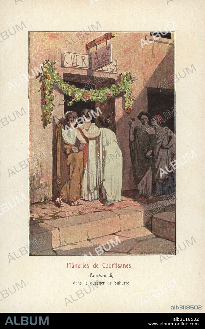 Prostitutes strolling in the afternoon in the red-light district of Suburra, Rome. Colour printed illustration by Auguste Leroux from Felicien Champsaur's novel L'Orgie Latine (Roman Orgy), Fasquelle, Paris, 1903.