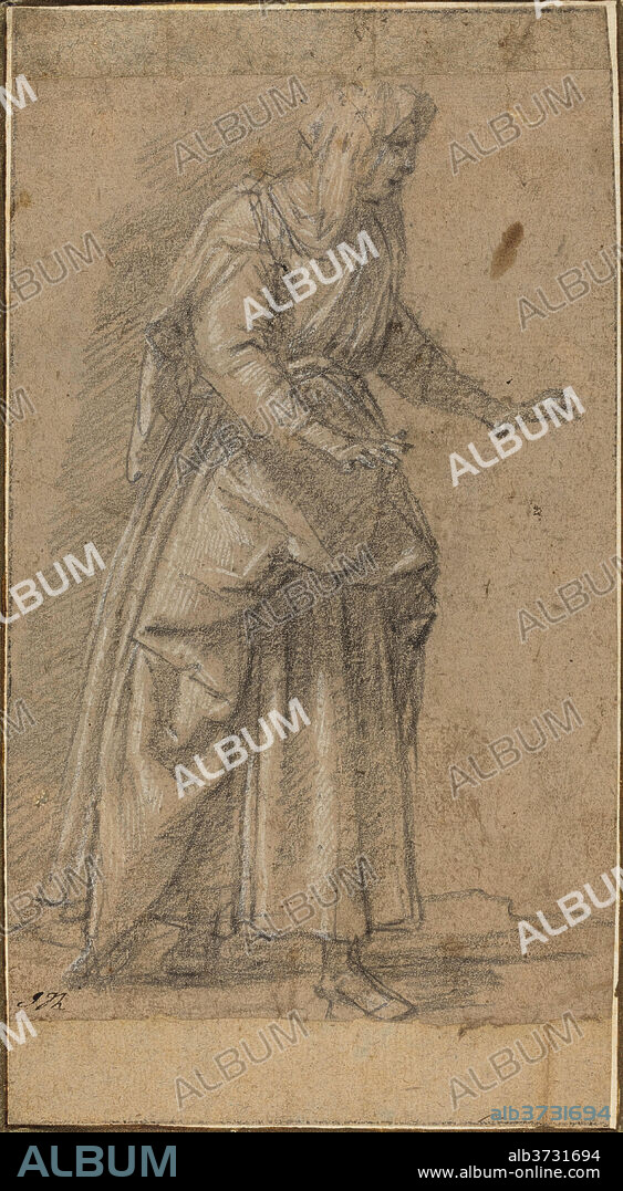 GIOVANNI BAGLIONE. Woman Walking to the Right. Dimensions: Overall: 24.2 x 13.2 cm (9 1/2 x 5 3/16 in.)  support: 30.5 x 18.9 cm (12 x 7 7/16 in.). Medium: black chalk with gray wash and white heightening on light brown paper.