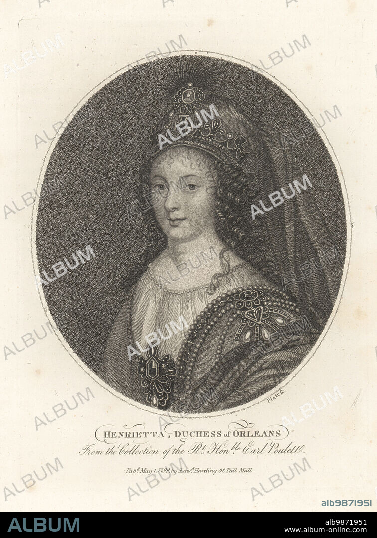 Henrietta Anne of England, Duchess of Orleans, 1644-1670. Youngest daughter of King Charles I of England and Queen Henrietta Maria. After a painting by Jean Charles Nocret, the younger, in the collection of Earl Poulett. Copperplate engraving by Platt from John Adolphus The British Cabinet, containing Portraits of Illustrious Personages, printed by T. Bensley for E. Harding, 98 Pall Mall, London, 1799.