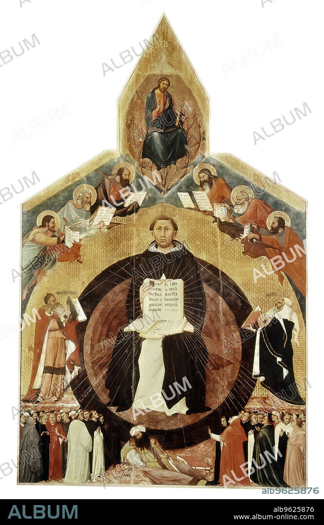 St Thomas Aquinas, Italian theologian and philosopher. Also known as Doctor Angelicus, St Thomas Aquinas (1225-1274) was a member of the Dominican order who attempted to reconcile Aristotle's science with Christian doctrine. He was the first to propose the concept of a Just War. On his left is Aristotle and on the right Plato, while Averroes (Ibn Rushd 1126-1198), the famous medieval philosopher born in Cordoba reclines at the bottom of the picture. Amongthe  figures above Aquinas are Matthew, Mark, Luke and John. At the top Christ sits in Heaven.