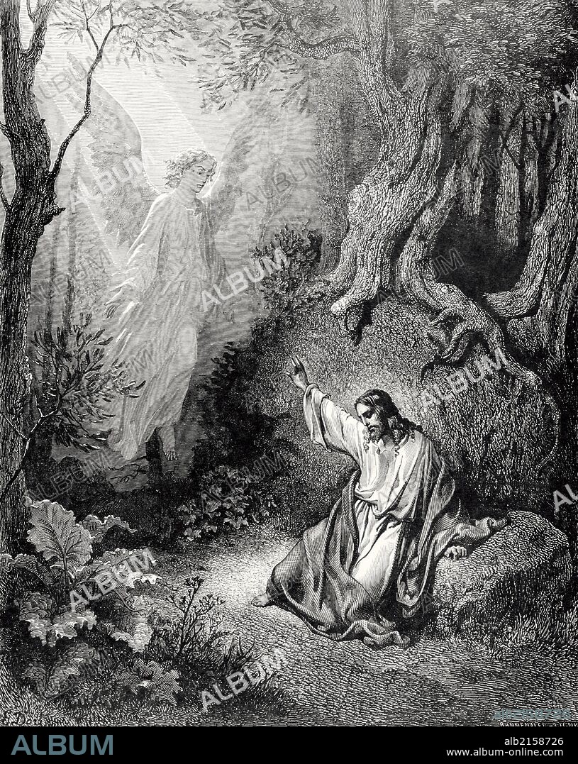 New Testament. Gospel of Luke. Chapter XXII. Jesus on the Mount of Olives. Gustave Dore's drawing. Engraving by Pannemaker. 19th century.