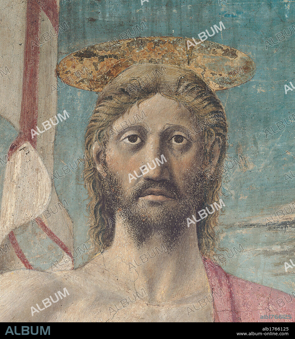 The Resurrection of Christ, by Pietro di Benedetto dei Franceschi known as Piero della Francesca, 1450-1463 about, 15th Century, tempera and fresco painting, cm 225 x 200. Italy, Tuscany, Arezzo, Sansepolcro, Palazzo del Comune, today Civic Museum. Detail. Face of Christ.