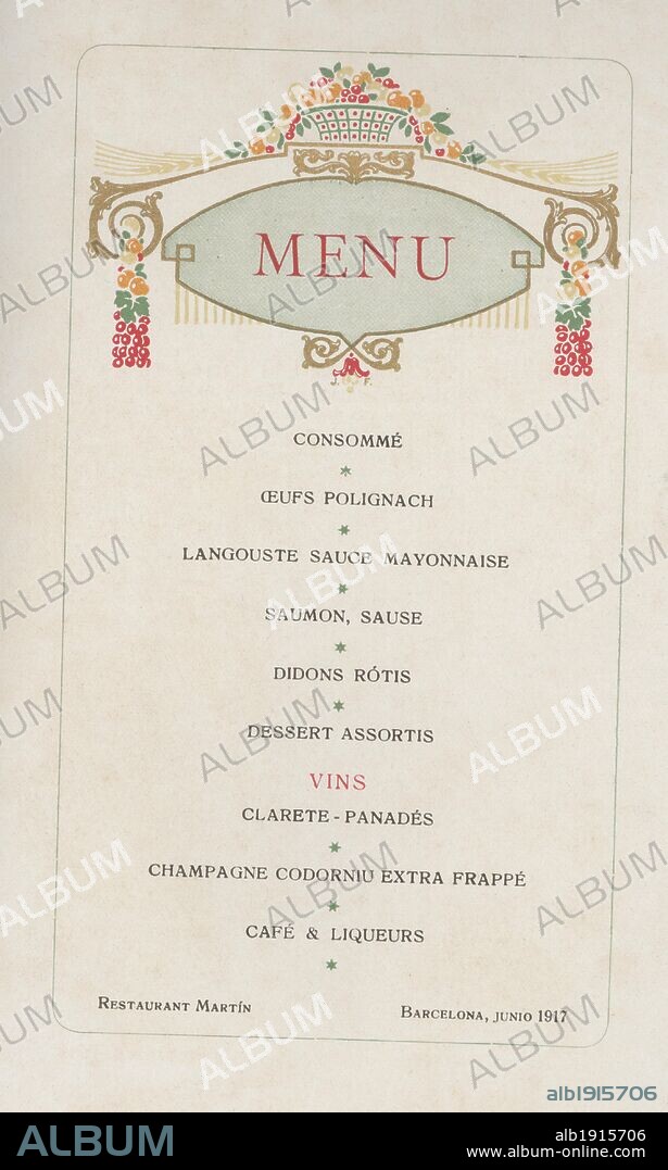 Publicidad. Menú del Restaurante Martín. Año 1917.