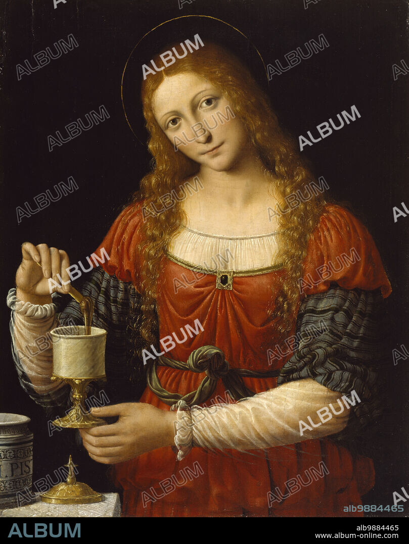 BERNARDINO LUINI. Saint Mary Magdalene, c1524. According to Church (but not biblical) tradition, Mary Magdalene (probably indicating that she came from the the town Magdala) was a sinful woman, who upon meeting Christ repented her former ways. She was present at the Crucifixion and later went to anoint Christ's dead body (in accordance with Jewish burial ritual), only to discover that he was resurrected. As in this painting, the Magdalene is often depicted as a great beauty with long golden hair. She is shown here transferring the ointment from a maiolica pharmacy jar to a smaller vessel.