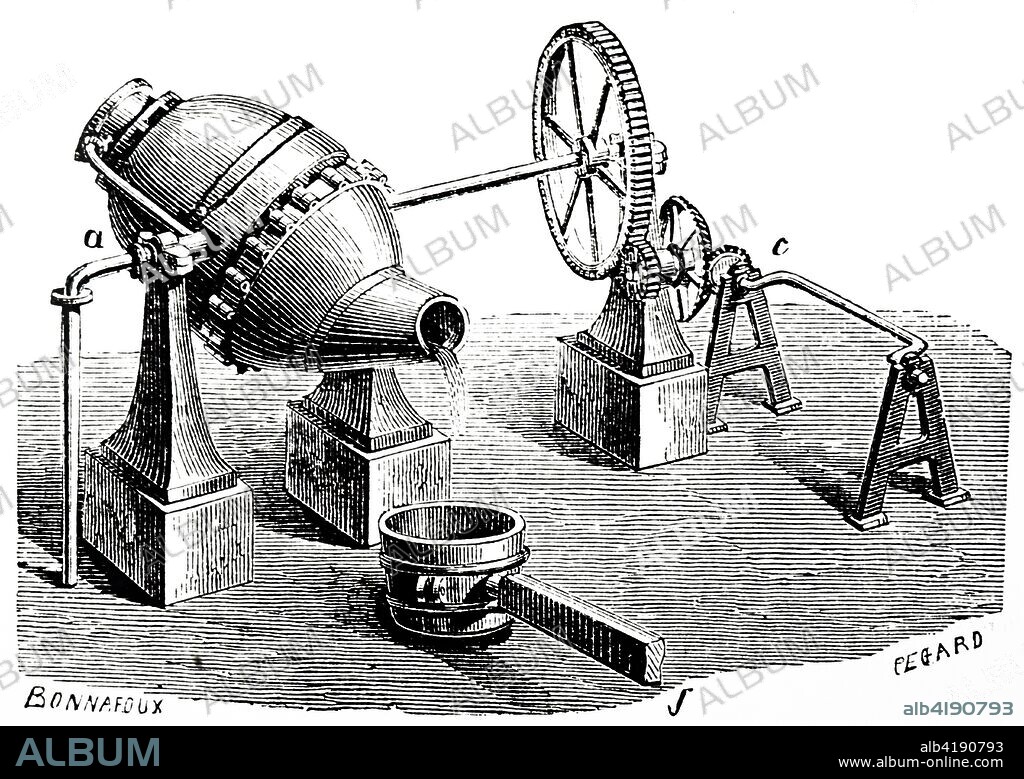 Engraving depicting the Bessemer process for the mass production of steel from molten pig iron before the development of the open hearth furnace. Named after Henry Bessemer (1813-1898) an English inventor. Dated 19th century.