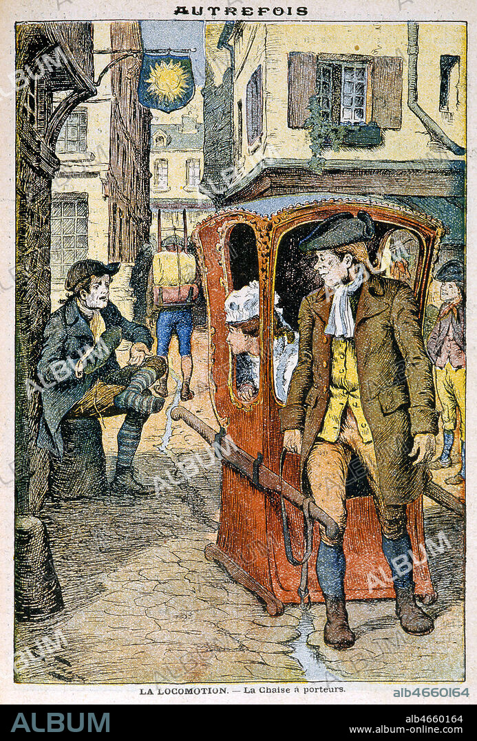 'Autrefois. La locomotion : la chaise a porteurs', illustration par C. LEVESQUE in Almanach de l'Avenir, 1909. Credit : Coll. Jonas/KHARBINE-TAPABOR.
