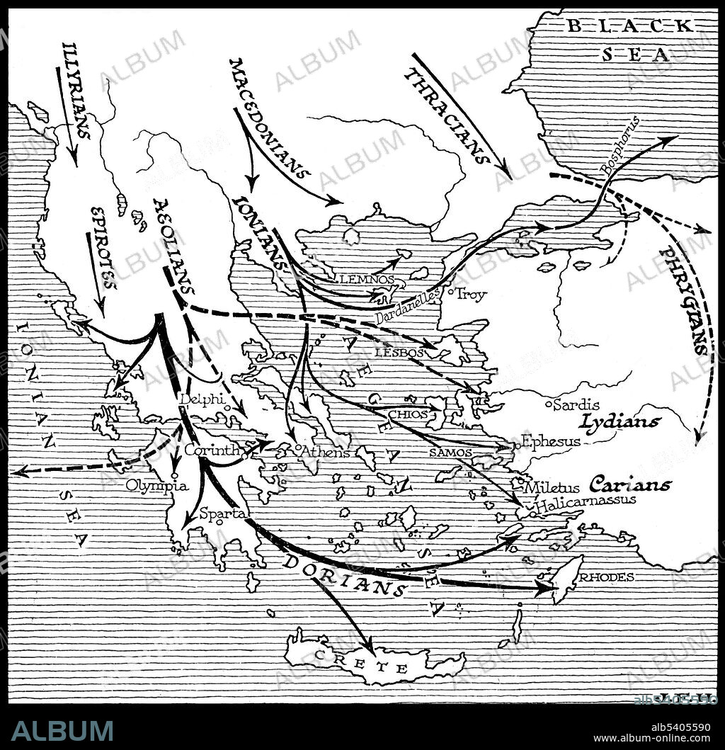 Ancient Greece 1100-800 BC.The Greek Dark Age, also called Greek Dark Ages, Homeric Age or Geometric period (so called after the characteristic Geometric art of the time), is the period of Greek history from the end of the Mycenaean palatial civilization around 1100 BC to the first signs of the Greek city states, in the 9th century BC. Illustrated by J. F. Horrabin.
