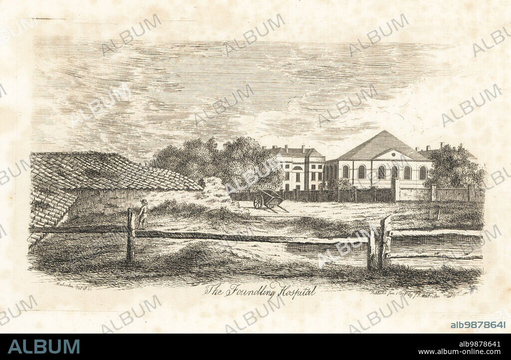 The Foundling Hospital, Bloomsbury, London, 1807. Founded by Captain Thomas Coram in 1739 to take in orphans and discarded children. Copperplate drawn and engraved by James Peller Malcolm from his Anecdotes of the Manners and Customs of London during the 18th Century, Longman, Hurst, London, 1808. Malcolm (1767-1815) was an American-English topographer and engraver, Fellow of the Society of Antiquaries.