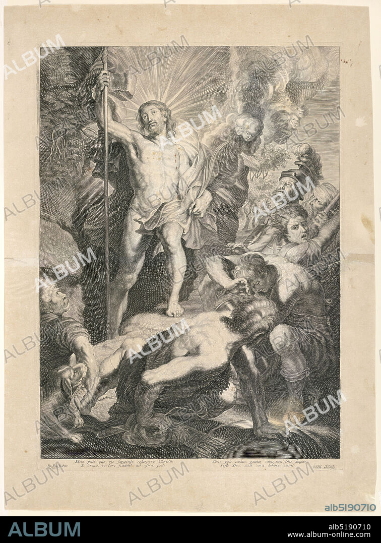 The Resurrection, Gaspar Huberti, 1630 - 1724, Peter Paul Rubens, Flemish, 1577 - 1640, Engraving on paper, The resurrected Christ appears to a group of soldiers. He issues from the mouth of a cave, staff in hand., Netherlands, Antwerp, Netherlands, ca. 1690-1700, Print, Print.