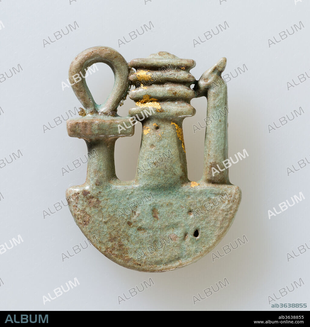 Ankh, djed, was on neb basket. Dimensions: L. 3 × W. 2.4 × D. 0.5 cm (1 3/16 × 15/16 × 3/16 in.). Date: 664-30 B.C..
The ankh (life), djed (stability), and was (dominion) symbols depicted here on the sign for a heb bowl constitute a powerful combination of wishes that was offered by the king to a god or a god to a king before the first millennium. Large complex inscribed examples of overlaid ankh, djed, and was elements from the time of the 25th and early 26th dynasty indicate the symbol is being associated with the Egyptian New Year, and one bears the name off Mentuemhat, the greatest official in the land.
Combinations like this example are uninscribed, but some are elaborately carved faience and this one, though quite simple, was covered in gold. The date of these is uncertain, but they may belong to a continued life of the symbol as a New Year's offering perhaps presented to a god in a temple. The festival association is strengthened by the fact that the bowl beneath the tall signs is not the standard nb basket but the heb bowl which is the sign for festival.