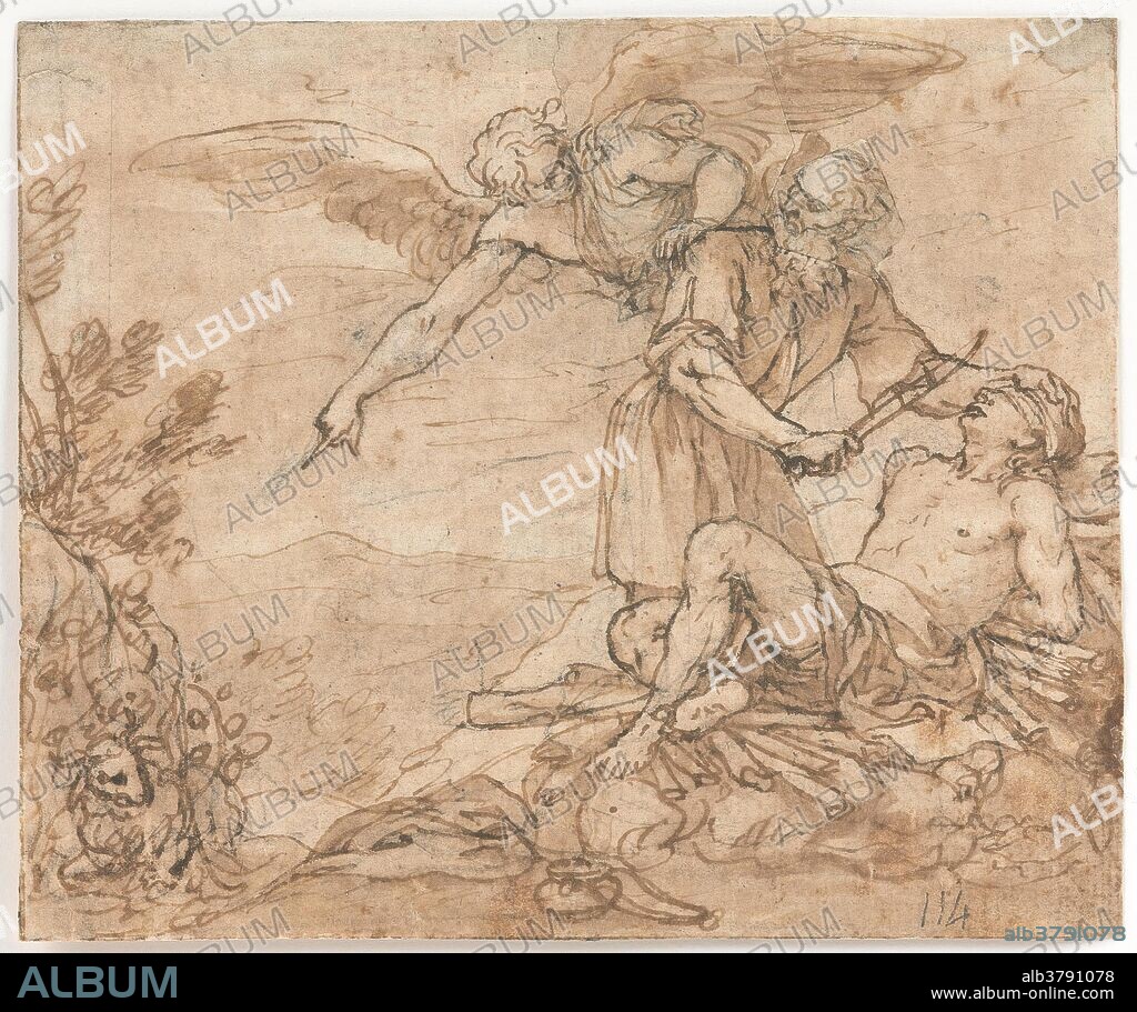 Alonso Cano / 'The Sacrifice of Isaac'. 1650 - 1652. Wash, Pencil, Pencil ground, Grey-brown ink on yellow laid paper.