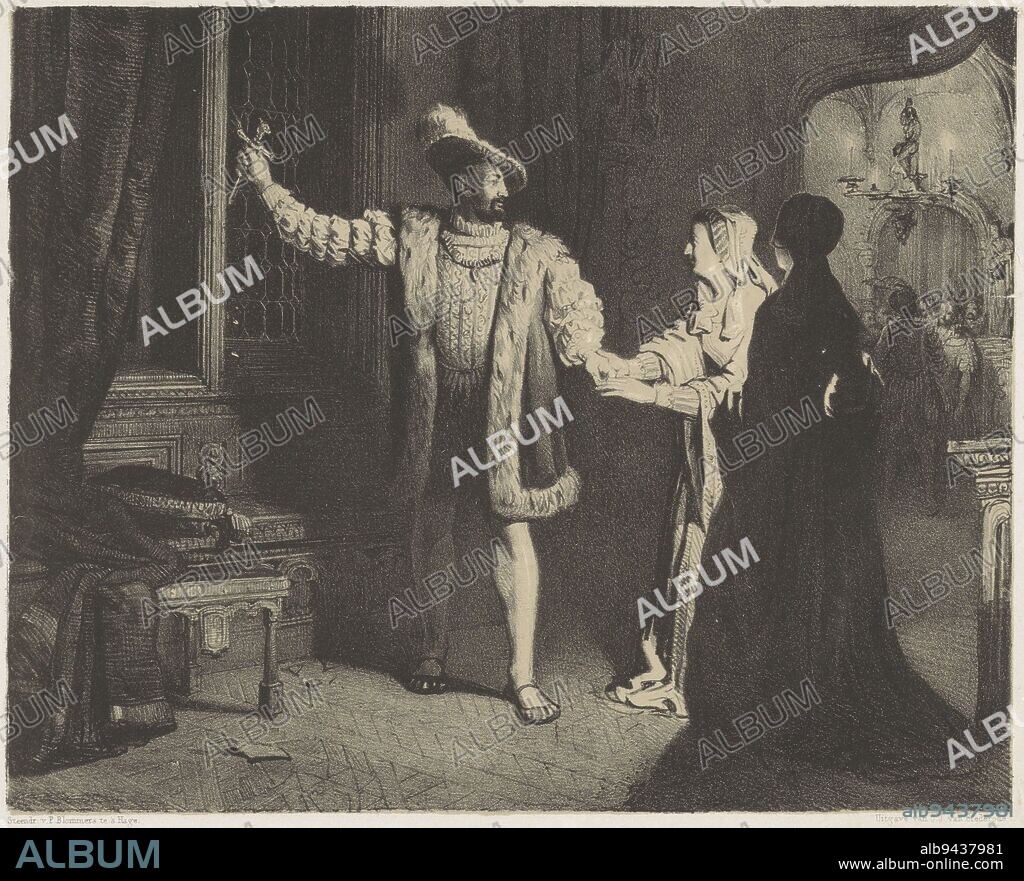 Scene from the life of King Francis I of France. The king stands with two ladies by an open window. His right hand, containing a dagger, he holds up. Episode from the Life of Francis I Frans den Eersten , print maker: Reinier Craeyvanger, (mentioned on object), printer: P. Blommers (Steendrukkerij van), (mentioned on object), publisher: J.J. van Brederode, (mentioned on object), print maker: Netherlands, printer: The Hague, publisher: Haarlem, 1847 - 1887, paper, h 275 mm × w 360 mm, FTZYC Doctype , print maker: Amédée Bourgeois, (mentioned on object), printer: veuve Delpech (Naudet), (mentioned on object), Paris, c. 1825, paper, h 275 mm × w 365 mm.