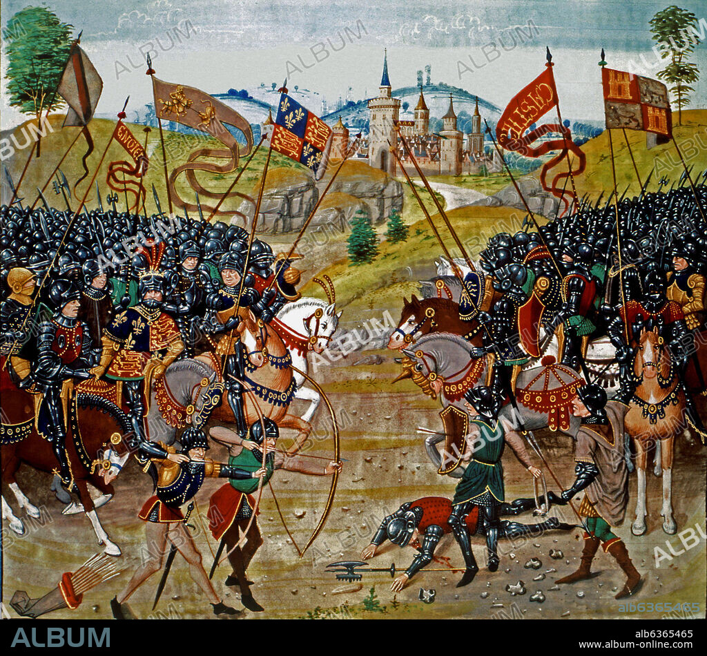 JEAN DE FROISSART (1333-1410). BATALLA DE NAJERA ENTRE EL PRINCIPE DE GALES Y DON PEDRO I Y ENRIQUE II DE CASTILLA Y LEON (1367) - CRONICA DE FROISSART - MANUSCRITO.