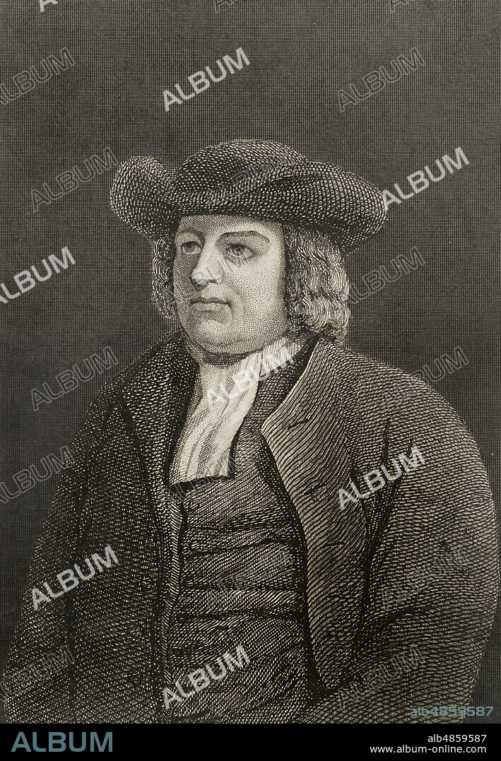 William Penn (1644-1718). Escritor y pensador religioso inglés. Influyente cuáquero, fundó en 1861 la colonia de Pensilvania en la América británica. Crítico con todos los grupos religiosos, excepto de los cuáqueros, a los cuales consideraba la única congregación verdaderamente cristiana en ese momento en Inglaterra. Debido a sus convicciones religiosas, fue encarcelado varias veces en la Torre de Londres. Se opuso a renegar de su fe y declaró públicamente su pertenencia a la congregación religiosa de la Sociedad Religiosa de los Amigos, los cuáqueros. Retrato. Grabado. Historia de las persecuciones políticas y religiosas en Europa. Tomo IV. Editado en Barcelona, 1865.