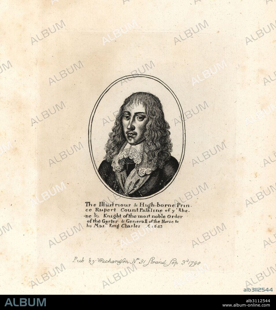 Prince Rupert, Count Palatine of the Rhine, General of the Horse to King Charles I, 1643. Copperplate engraving from William Richardson's Portraits Illustrating Granger's Biographical History of England, London, 1792–1812. James Granger (1723–1776) was an English clergyman, biographer, and print collector.