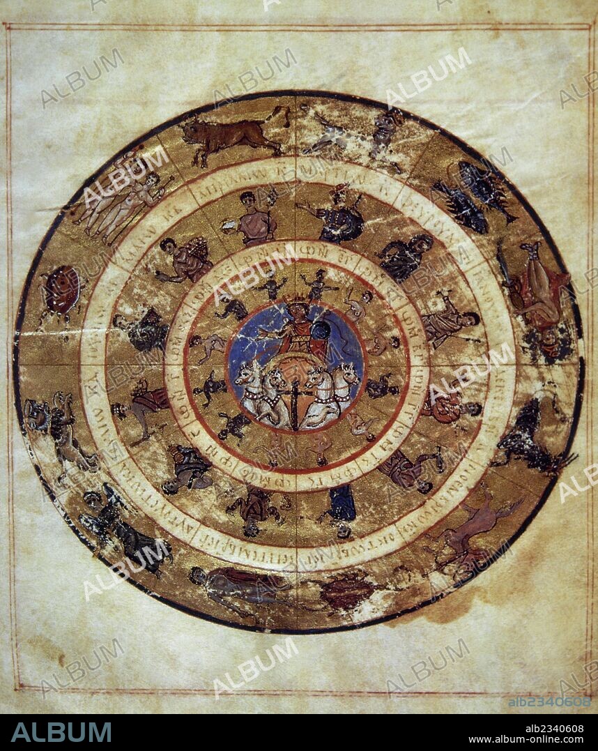Vaticanus gr. 1291 or Vat. gr. 1291. Is the oldest copy of the tables that has been preserved. It dates from 813-820 AD (Reign of Pope Leon V). Manuscript copy of Ptolomy's so-called "Handy Tables". Astronomical table. Helios in his chariot. Fol 9r. Vatican Apostolic Library, Vatican city.