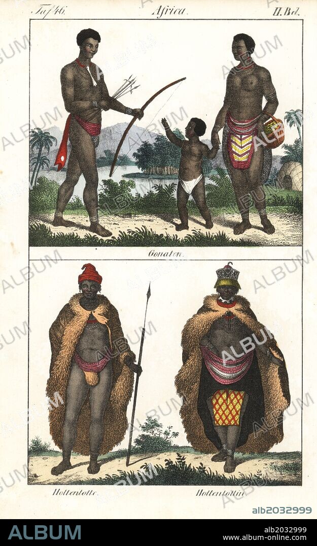 Natives of Gona (Angola) above, man with bow and arrow, woman with beaded apron, child in loincloth, and Khoikhoi man in fur cape with spear and Khoikhoi woman in fur cape over beaded belts and apron. Handcoloured lithograph from Friedrich Wilhelm Goedsche's "Vollstaendige Völkergallerie in getreuen Abbildungen" (Complete Gallery of Peoples in True Pictures), Meissen, circa 1835-1840. Goedsche (1785-1863) was a German writer, bookseller and publisher in Meissen. Many of the illustrations were adapted from Bertuch's "Bilderbuch fur Kinder" and others.