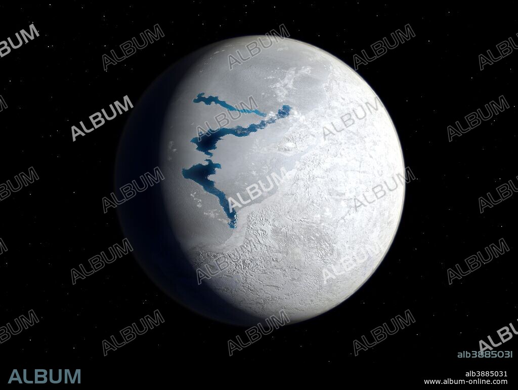 This is how the Earth may have appeared about 650 million years ago during a period when snow and ice may have covered most, if not all, of the Earth's surface and oceans. This image suggests the Earth's appearance during the Marinoan glaciation from 650 to 630 million years ago. The southern and eastern hemispheres are dominated by glacier-covered land masses while the opposing hemisphere is frozen ocean save for a few areas of exposed liquid water, AKA refugia for the Earth's surviving soft-bodied multicellular organisms.. . In addition to the Marinoan glaciation there may have been at least two, and possibly three previous Proterozoic glacial periods going back to two billion years ago. The causes of these snowball periods are unknown but may have been due to massive volcanic eruptions, massive meteoritic impacts (both resulting in global sun-reflecting ash clouds), or variance's in the Earth's orbit.