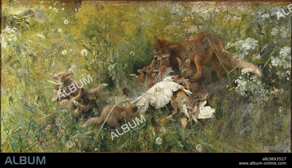 BRUNO LILJEFORS. Rävfamilj A Fox Family. Date/Period: 1886. Painting. Oil on canvas. Height: 1,120 mm (44.09 in); Width: 2,180 mm (85.82 in).