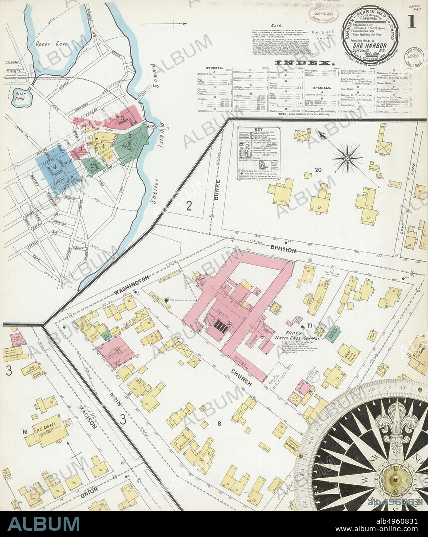 Image 1 of Sanborn Fire Insurance Map from Sag Harbor, Suffolk County, New York. Aug 1899. 4 Sheet(s), America, street map with a Nineteenth Century compass.