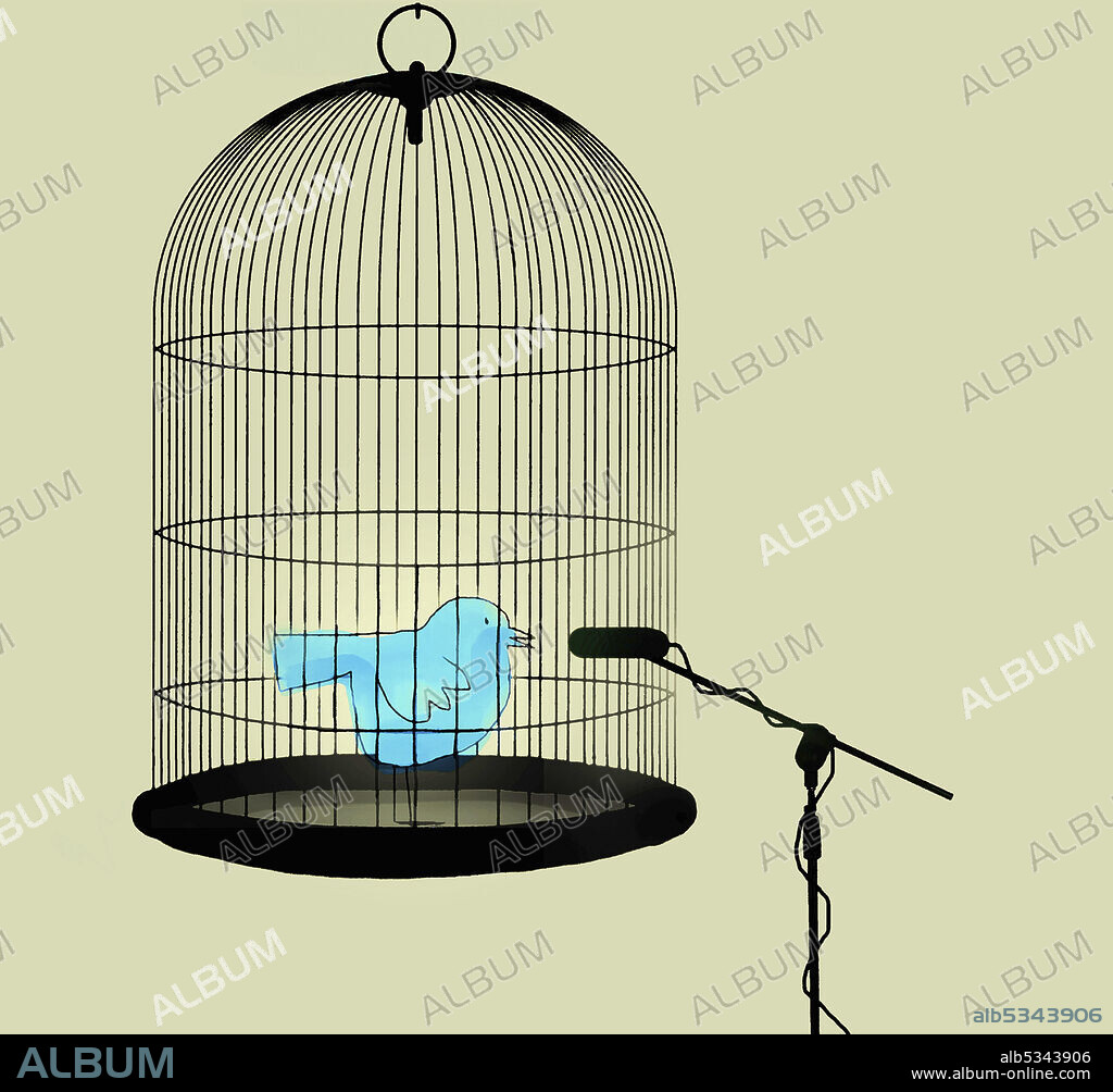 Bird talking into microphone from inside birdcage.