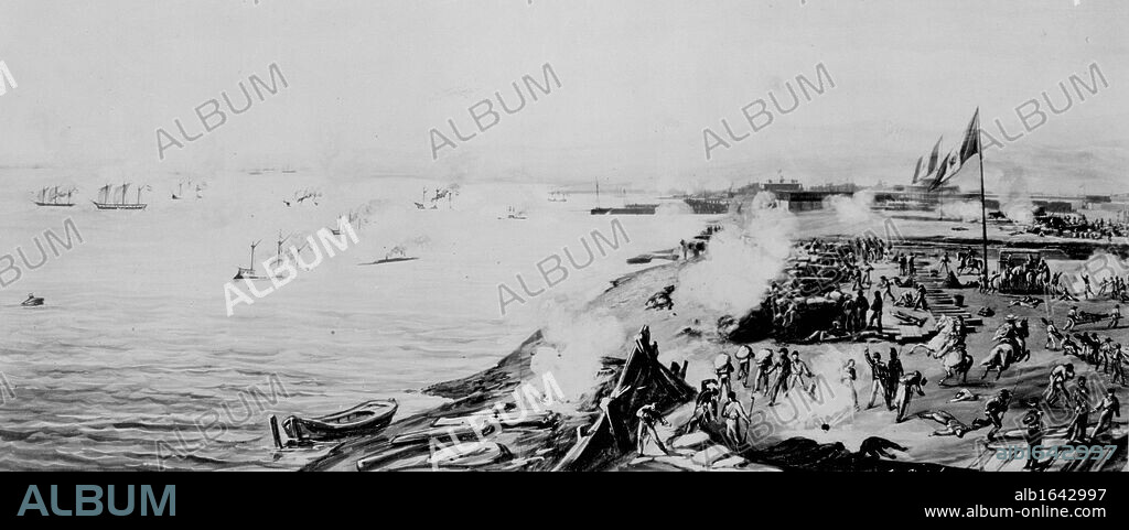 Chincha Islands War 1864-1866 between Spain and her former South American colonies. Bombardment of Callao, 2 May 1866, Spanish warships firing on Peruvian coastal defences. Print 1868.