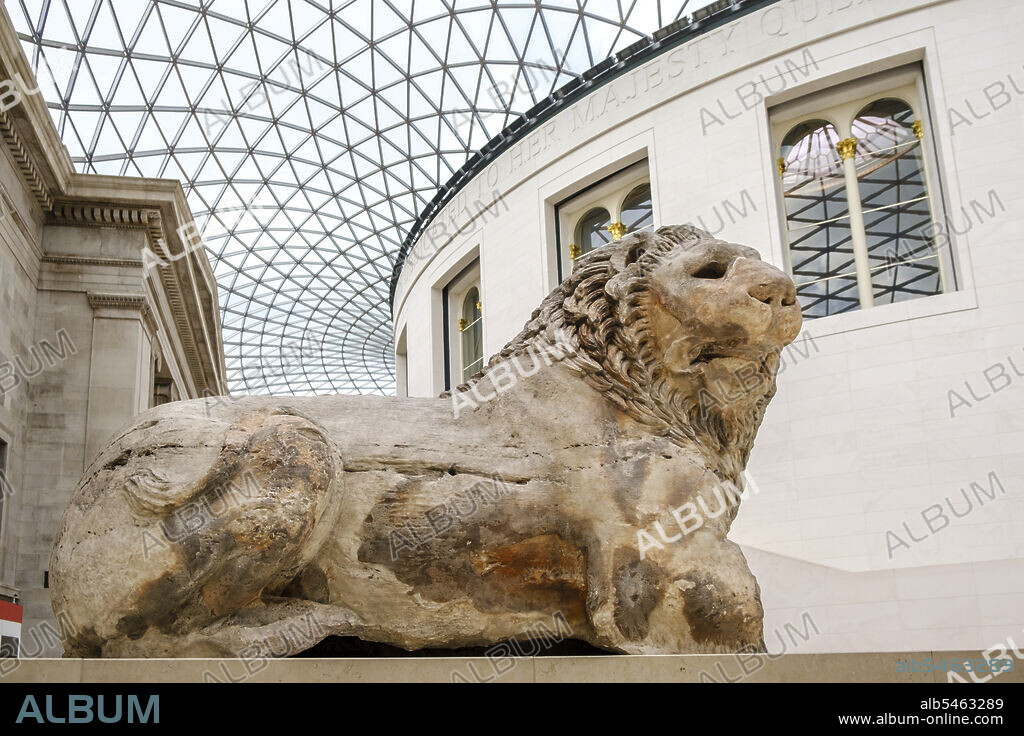 British museum, Lion of Cnidus, sculpture from Ancient Greece, Great Atrium of Elizabeth II, London, England, Great Britain.
