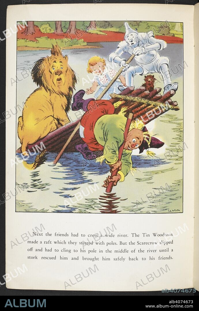 LYMAN FRANK BAUM and PERCY ALEXANDER LEASON. The characters from 'the wizard of Oz' on a raft. The Wizard of Oz picture book. London : Hutchinson, [1940]. Source: LB.31.c.9373 page 3.