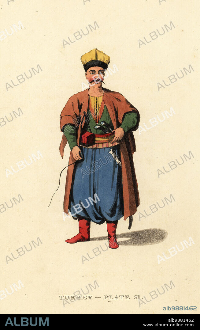 Costume of a Tartar or Tatar man. He wears a cap, cloak, jacket, loose pants and red boots. In his girdle are pistols, whip and scimitar. Handcoloured copperplate engraving after Octavian Dalvimart from William Alexanders translation of Picturesque Representations of the Dress and Manners of the Turks, Thomas MLean, London, 1814.
