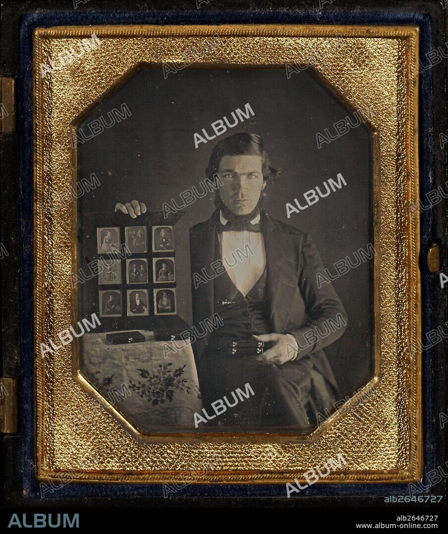 [Portrait of an Unidentified Daguerreotypist Displaying a Selection of Daguerreotypes] / Daguerreotypist (?) Displaying Thirteen Daguerreotypes; Unknown maker, American; 1845; Daguerreotype, hand-colored; 1/6 plate, Image: 6.7 x 5.2 cm (2 5/8 x 2 1/16 in.), Mat: 8.3 x 7 cm (3 1/4 x 2 3/4 in.).