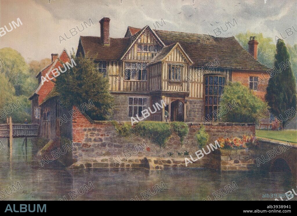 'Crowhurst Place', 1912, (1914). Crowhurst Place, Crowhurst, Surrey, is a timber frame Grade I listed house partly built between 1425-1450. From A Pilgrimage In Surrey, Vol. 2, by James S. Ogilvy. [George Routledge & Sons Limited, London, 1914].