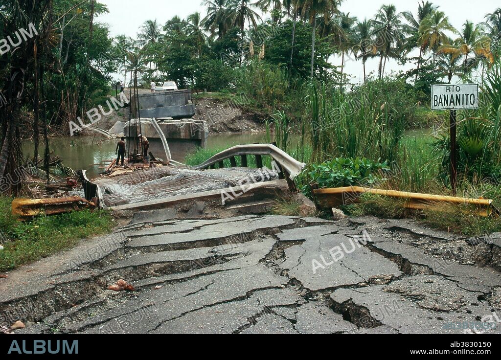 Earthquake damage to a road south of Limon, Costa Rica. 1991.