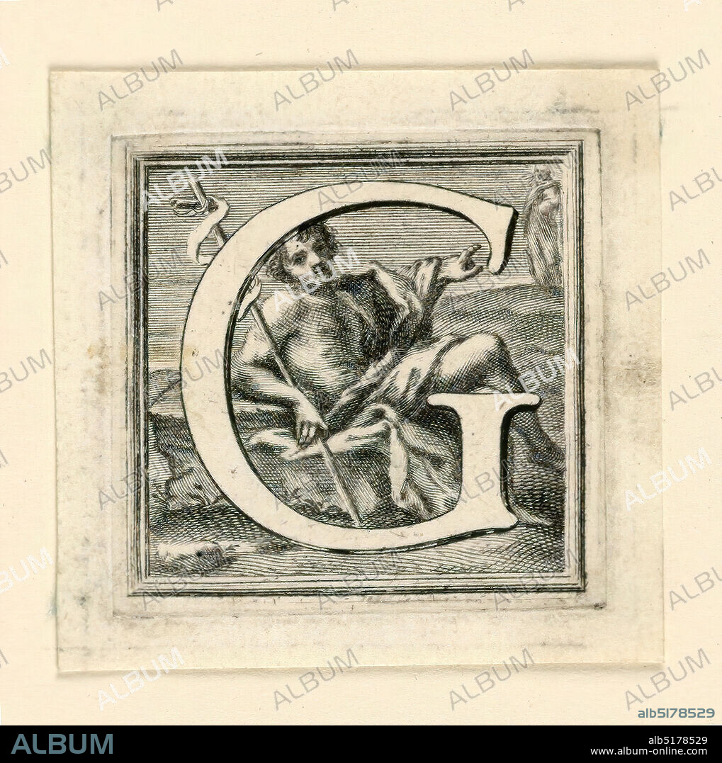 Decorated Capital Letter G, Giovanni Passari, Italian, Jakob Frey, Swiss, active Italy, 1681 - 1752, Engraving on paper, Letter G before St. John (= Giovanni) who is seated and points at Christ, walking in the distance., Rome, Italy, ca. 1715, ephemera, Print, Print.