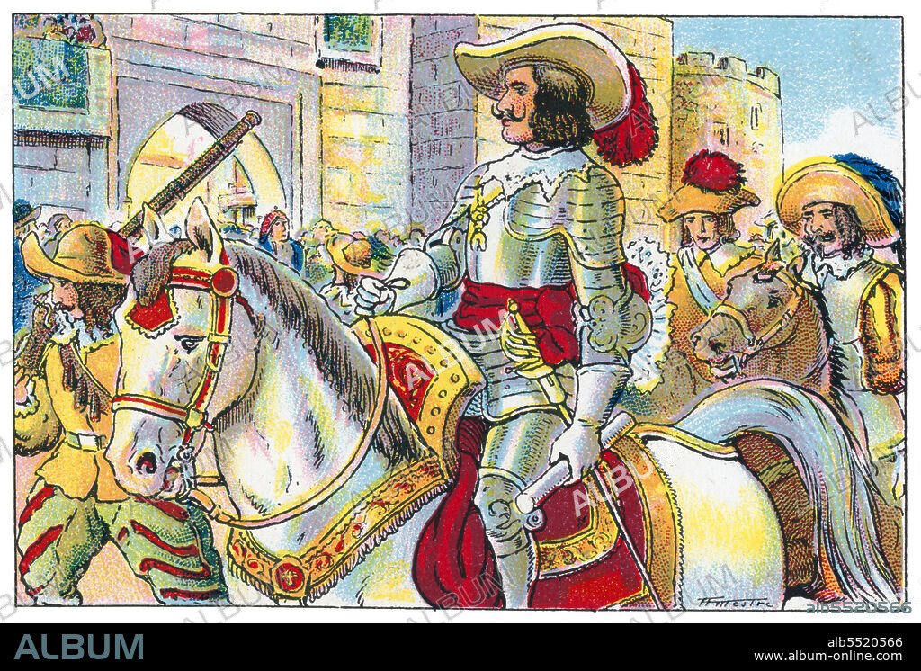 ALBERT MESTRE MORAGAS. Historia de Catalunya. Felipe IV (1605-1665), rey de España, entrando en la ciudad de Lleida tras la derrota del ejército francés al mando del mariscal La Mothe en 1644 y la recuperación de la ciudad por los realistas. Cromo de Xacolata Juncosa. Año 1932.