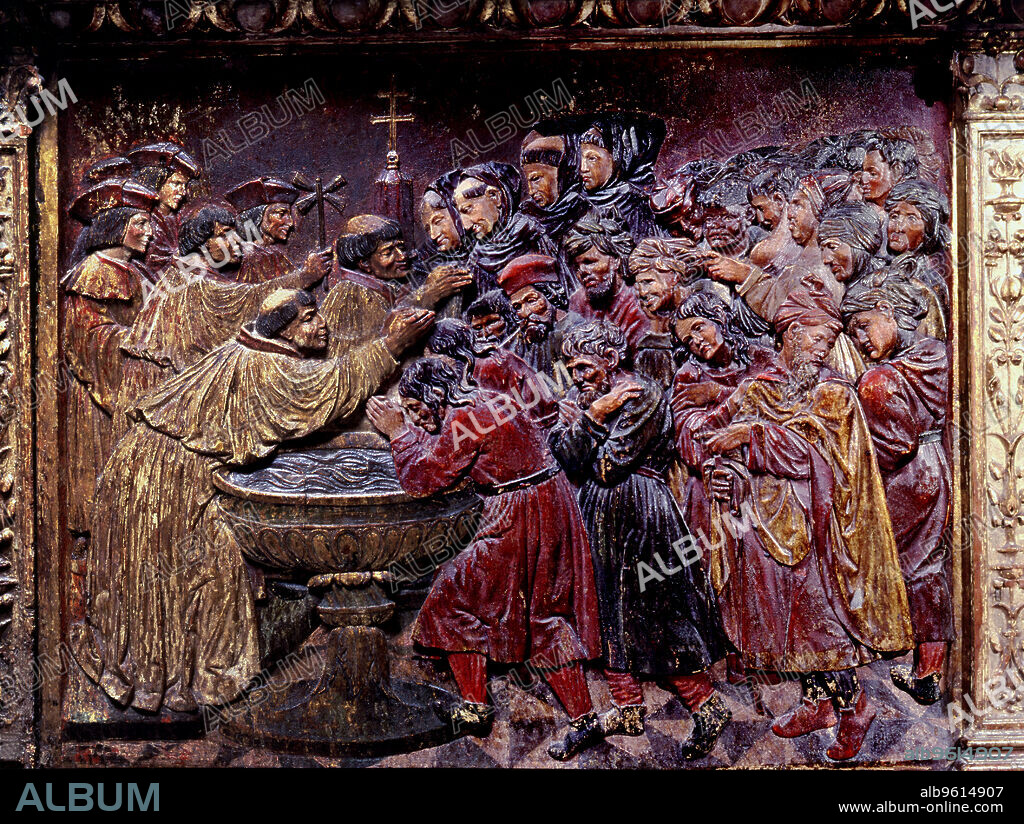 Forced baptism of Muslims in 1502, after the fall of Granada', attic with wooden relieves in the main altarpiece of the Royal Chapel of the Cathedral of Granada, made between 1520-1522 by Felipe Bigarni.