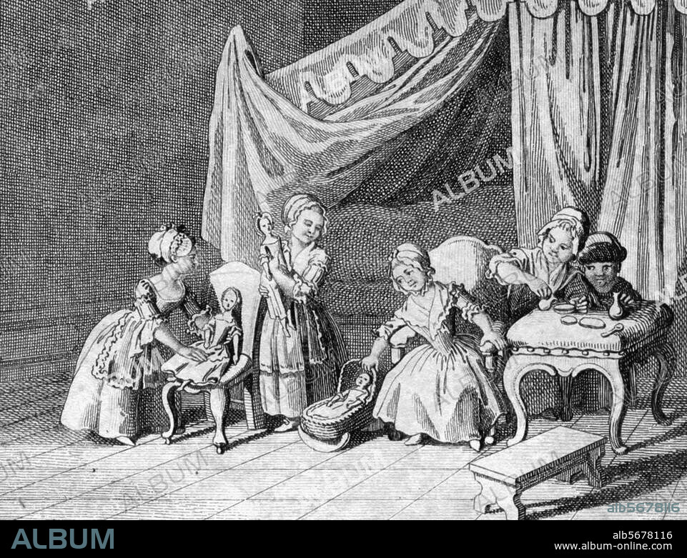 Kind / Spiele:. "Mancherlei Spiele mit Puppen". Kupferstich von Johann Matthias Schuster nach Daniel Chodowiecki (1726-1801). 8,2 × 10,5 cm. Illustration zu: J.B.Basedow, Elementarwerk für die Jugend und ihre Freunde, Berlin und Dessau 1774, Tafel V. Berlin, Sammlung Archiv für Kunst und Geschichte.