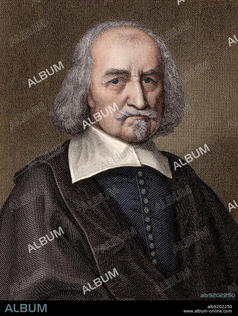 Thomas Hobbes (1588-1679). Line engraving by William Humphrys, 1839. Hobbes was an English philosopher, the founder of modern political philosophy, best known for his 1651 book Leviathan, in which he expounds a formulation of social contract theory. Colorized.