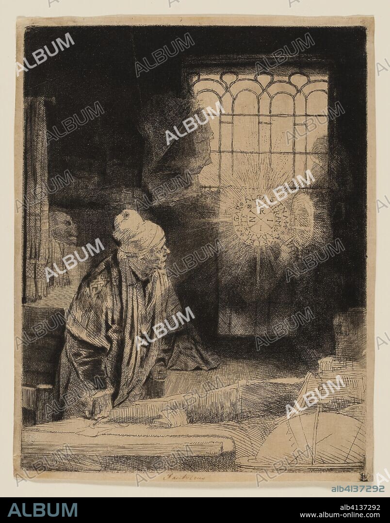 REMBRANDT HARMENSZOON VAN RIJN. A Scholar in His Study (Faust). Rembrandt van Rijn; Dutch, 1606-1669. Date: 1647-1657. Dimensions: 209 x 161 mm (plate); 217 x 168 mm (sheet). Etching, drypoint, and engraving, on ivory Japanese paper. Origin: Holland.
