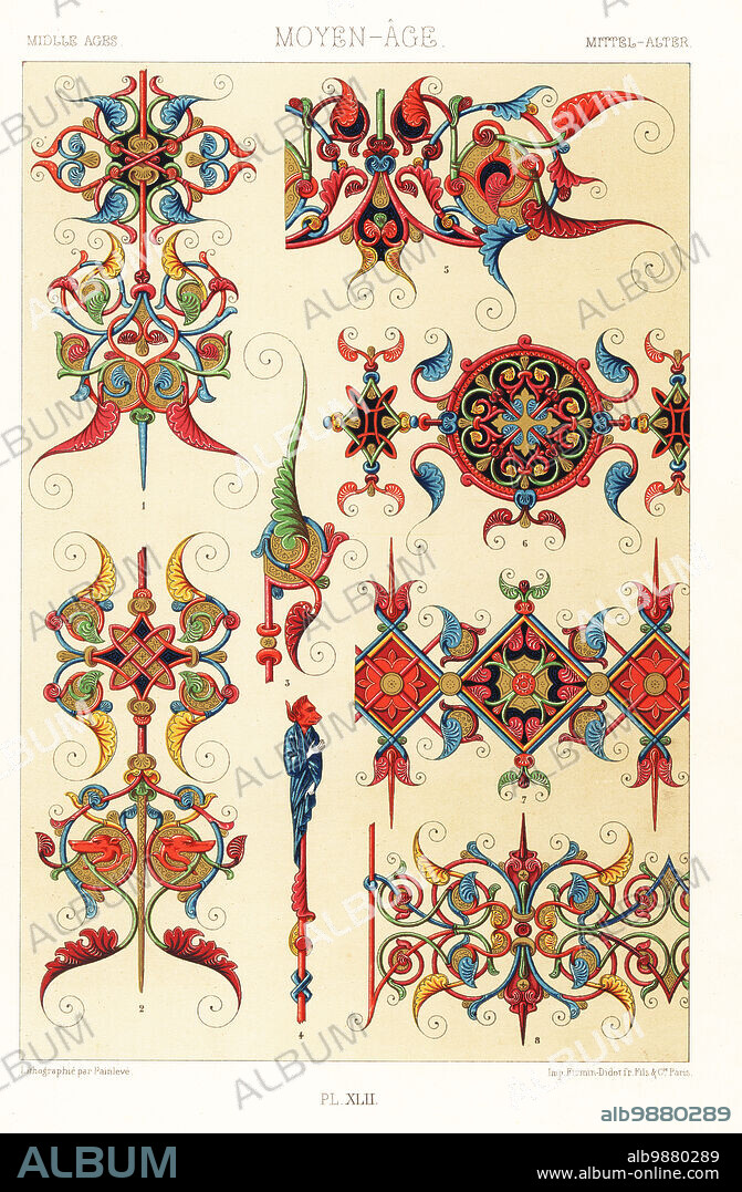 Middle Ages, illuminated manuscript, 14th century. Ornaments from the Latin manuscript Codex Colbert, Book of St Thomas Aquinas, 1301, MS 7241, Bibliotheque Nationale. Moyen Age. Hand-finished chromolithograph by Painleve from Albert-Charles-Auguste Racinets LOrnement Polychrome, (Polychromatic Ornament), Firmin-Didot, Paris, 1869-73.